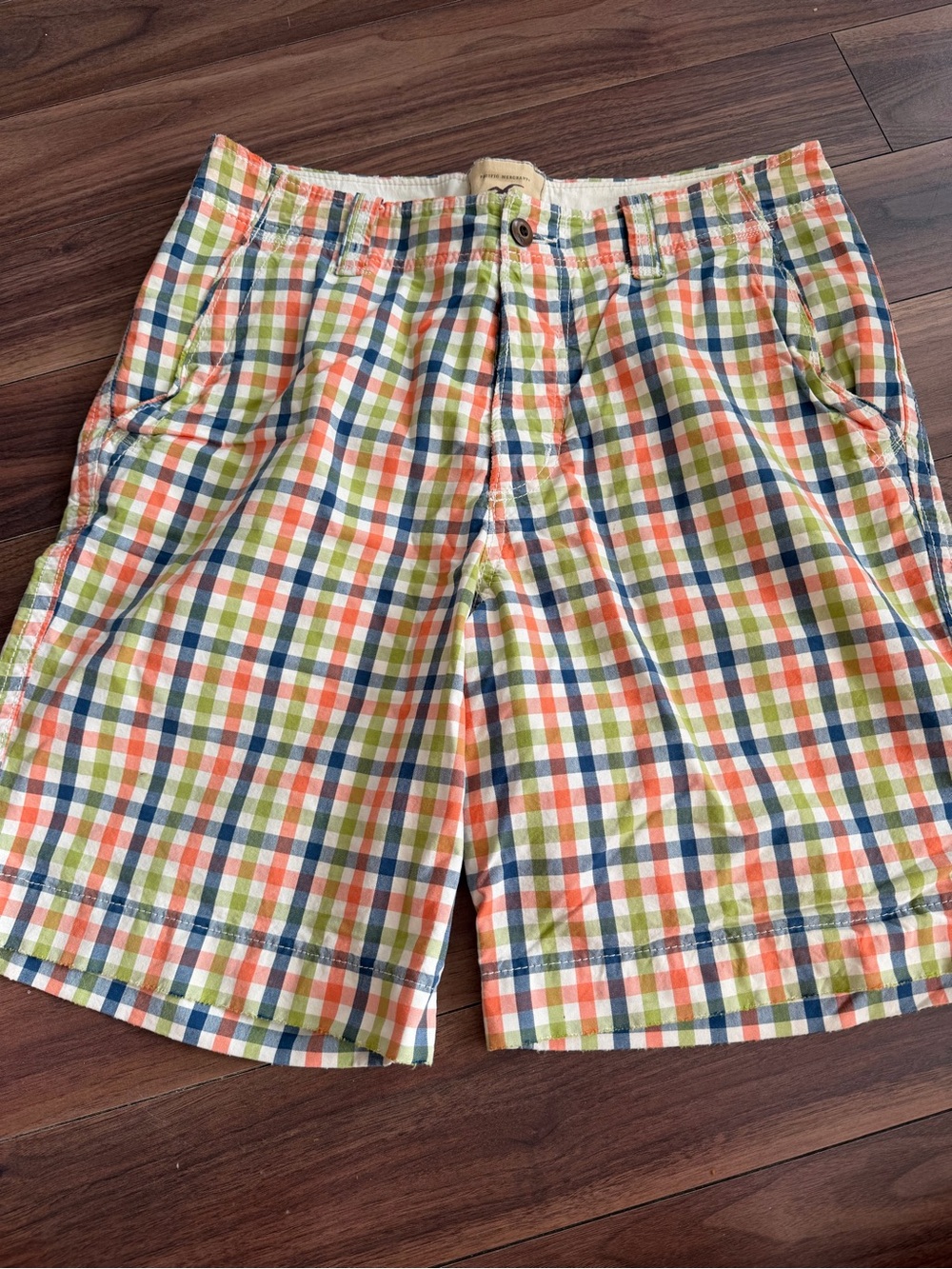 Hollister Plaid Flat Front Shorts Orange Green Blue 33
